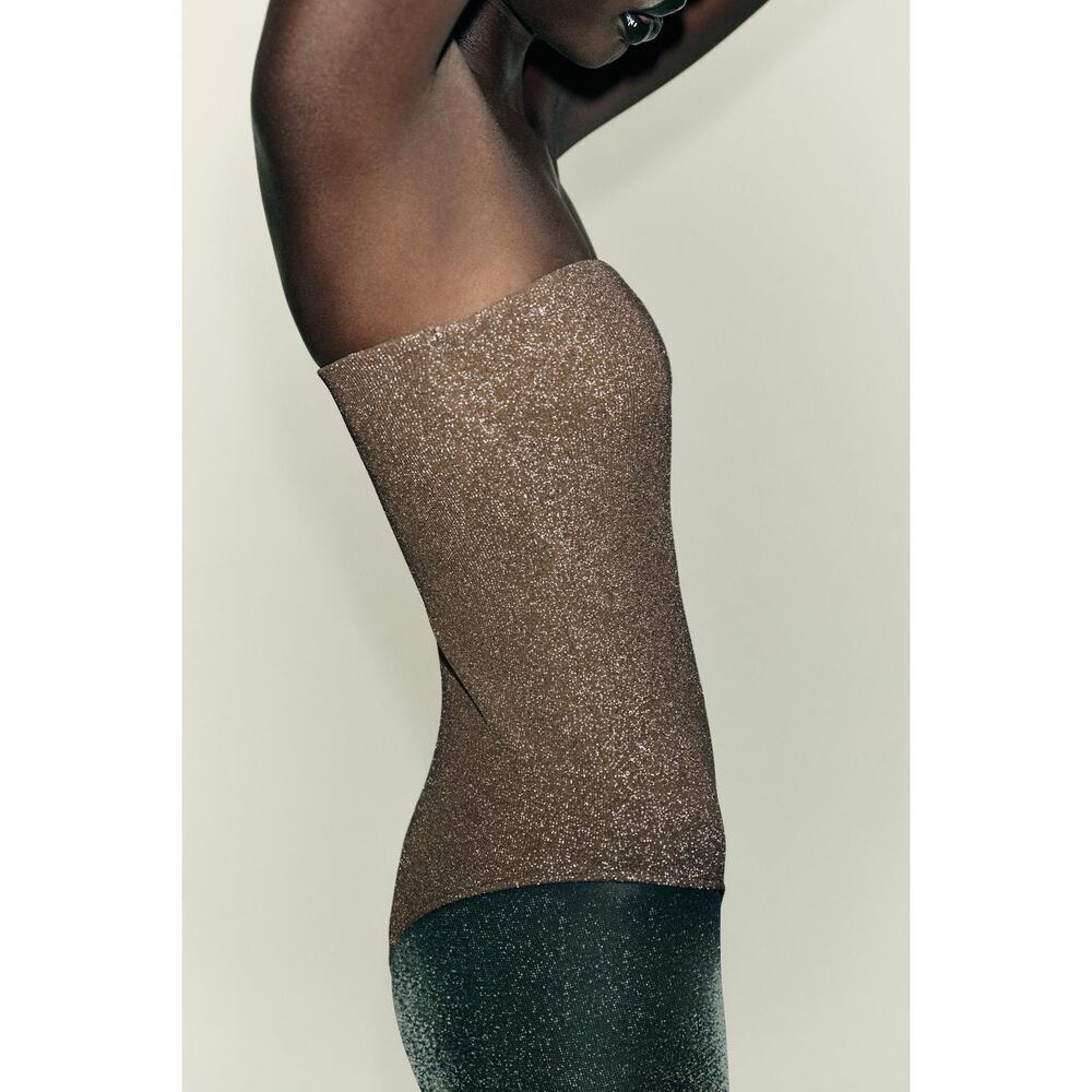 NWT ZARA Metallic Thread Bandeau Bodysuit Size Medium Gold - Picture 4 of 8